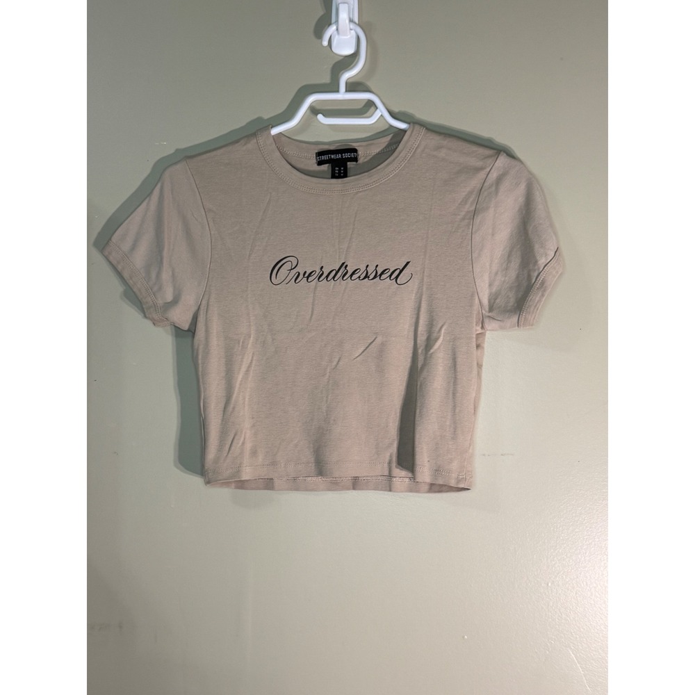 Streetwear Society Overdressed Graphic Crop Top Tan Short Sleeve Baby Tee Medium